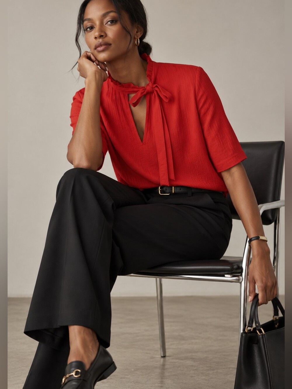 SANDRO PARIS Angie Red Satin Asymmetric Ruffled Tie Neck Short Sleeve Blouse M